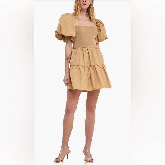 Endless Rose Mixed Media Puff Sleeve Tiered Mini Dress Tan S NWT - Picture 3 of 13